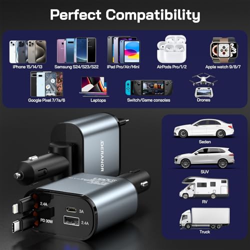 [2 Pack] Retractable Car Charger, 4 in 1 Fast Car Phone Charger Adapter 69W - size: 2 Pack C + L Retractable Cords