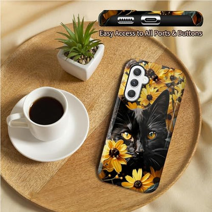 Black Cat Sunflowers Phone Case for Samsung Galaxy S25, Dual Layer Shockproof Rugged Cover with Soft TPU + Hard PC, Anti-Scratch Slim Fit Wireless Charging Compatible - color: Black Cat Sunflowers, size: 6.2" Galaxy S25