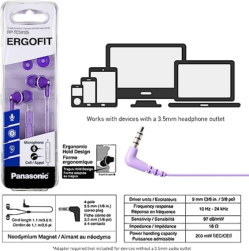 PANASONIC ErgoFit Earbud Headphones with Microphone and Call Controller Compatible with iPhone, Android and Blackberry - RP-TCM125-V - In-Ear (Purple), Violet, 7 x 2 x 2 inches - color: Purple, size: S/M/L, style: With Mic