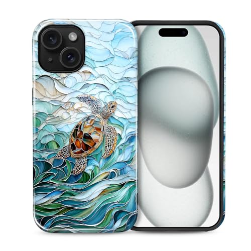 Case Compatible with iPhone 15, Cute Dual Layer Hybrid Phone Cover, Military Grade Drop Protection, Aesthetic Shockproof Phone Case for Women Girls, Stained Glass Sea Turtle - color: Stained Glass Sea Turtle, size: Iphone 15