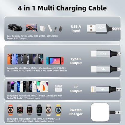 Travel Essentials 4in1 Multi Charging Cable for iPhone Watch Charger 3PK5FT - color: Light Grey Silver, size: AC to 2C+L+iWatch