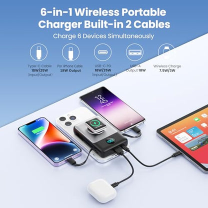 Magnetic Portable Charger for iPhone 18/17/16,10800mAh Power Bank with Built-in Cables & LCD Display,25W PD Fast Charging Battery Pack for iPhone 18 Pro/18 Pro Max/17/16/15/14/13/12 Series,Apple Watch