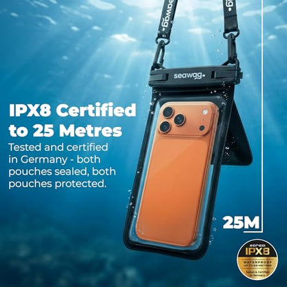 SEAWAG Waterproof Phone Pouch with Pocket for Keys, IPX8 Dry Bag up to 7.5in Plus Underwater Case for iPhone & Samsung, Full Touchscreen, Lanyard, Beach Travel Swimming Black