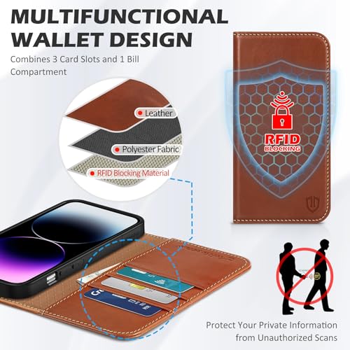 SHIELDON Genuine Leather Case Wallet for iPhone 14 Pro 6.1", Retro Brown | Folio Magnetic Closure, RFID Blocking, Credit Card Holder, Kickstand, Shock Absorbing Protective Cover - color: Brown - Retro