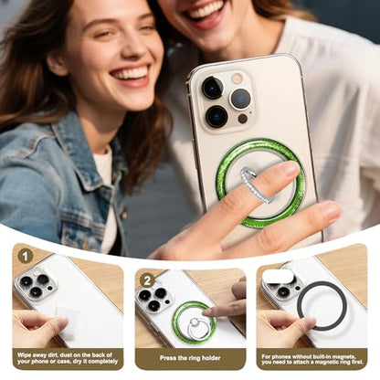 Transparent Shiny Magnetic Phone Ring Holder,360° Rotatable Removable Phone Grip,Clear Green Sparkle Diamond Stylish Design Compatible with All Phones & Tablets - color: Clear Green 1