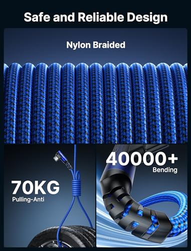 JSAUX 3-in-1 USB C Cable 2-Pack 10FT, 100W Right-Angle Fast Charging, Blue - color: Blue, size: 10FT