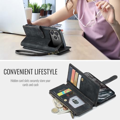 Compatible with iPhone 17 Pro Wallet Case with Card Holder Kickstand Magnetic Zipper Pocket Lanyard Strap Wristlet,Leather Flip Case Wallet for iPhone 17 Pro 6.3 Inch (Black) - color: Black, size: iPhone 17 Pro 6.3 Inch