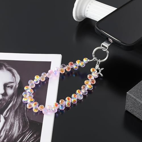 richginker Crystal Beaded Phone Wrist Strap with Tether Tab, Pink AB - color: Pink AB