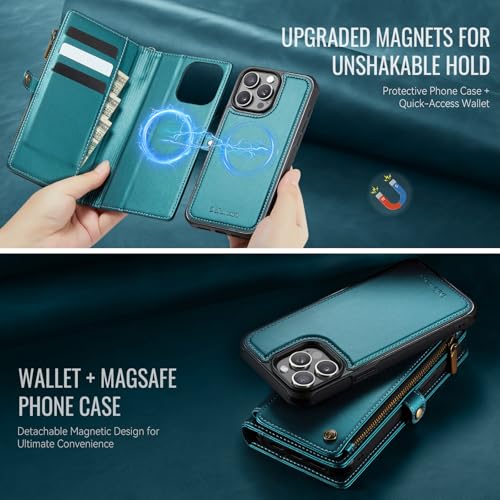 Defencase for iPhone 13 Pro Case Wallet Compatible with Magsafe, Blue Green | Drop-Proof Magnetic Detachable Phone Cases Cover, with RFID Bolcking Card Holder, Zipper Strap, PU Leather, Removable Wallet - color: (Detachable with Magsafe)-Blue Green