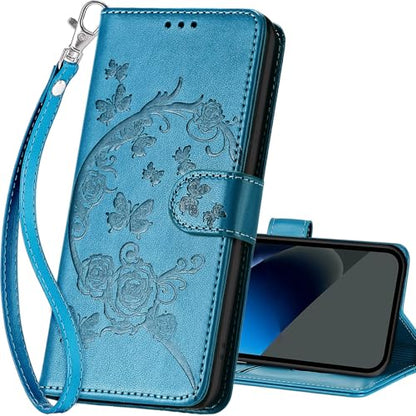 for Google Pixel 10a Wallet case, Blue-Flower | 3 Card Holders, Kickstand, Shockproof TPU Shell, PU Leather, Magnetic Closure, Protective Flip Folio Cover, Women - color: 7