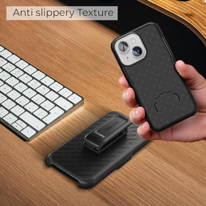 MOTIVE for iPhone 14 Case with Belt Clip, Rigid, Kickstand | 6.1" | Ranger v1 Series, Black, 360° holster, open-top/open-bottom port access, textured grip, slim - size: iPhone 14