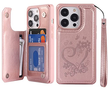 iCoverCase Compatible with iPhone 14 Pro Wallet Phone Case with Card Holder for Women, RFID Blocking Embossed PU Leather Wrist Strap Case 6.1 Inch (Heart Rose Gold) - color: H-Rose Gold