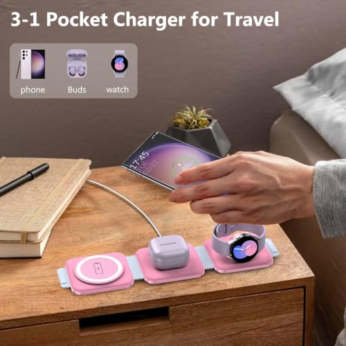 Travel Charger for Samsung Multi Devices, Foldable 3 in 1 Wireless Charging Station Fast Charging Stand/Pad Compatible for Samsung Galaxy S26/S25/S24/S23/Note20 Galaxy Watch8/7/6/Galaxy Buds4(Pink - color: Pink