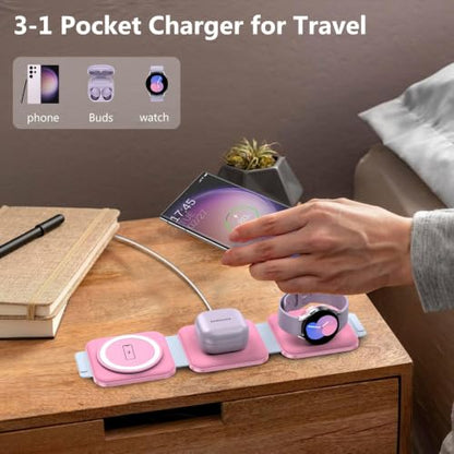 Travel Charger for Samsung Multi Devices, Foldable 3 in 1 Wireless Charging Station Fast Charging Stand/Pad Compatible for Samsung Galaxy S26/S25/S24/S23/Note20 Galaxy Watch8/7/6/Galaxy Buds4(Pink - color: Pink