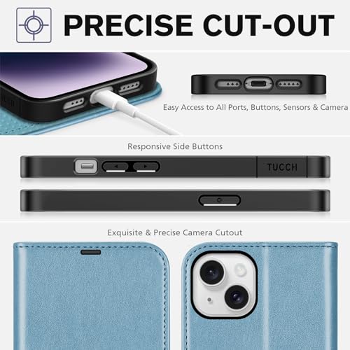 TUCCH Wallet Case for iPhone 14 (6.1") 2022, 4 Card Slots, Shiny Light Blue | RFID Blocking, Viewing Stand, Shockproof TPU Shell, PU Leather, Magnetic Closure, Protective Folio Flip Cover - color: Shiny Blue