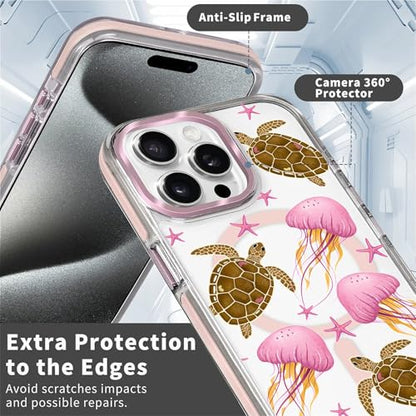 VisEnt Clear Case for iPhone 15 Pro, Magnetic Phone Case, Transparent Slim Cover, Military Grade Protection, Shockproof, Anti-Yellowing, Scratch Resistant, Pink Jellyfish Sea Turtle - color: Pink Jellyfish Sea Turtle, size: Iphone 15 Pro