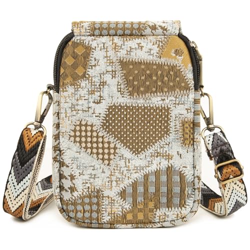 SILKAREA Embroidered Cute Mini Crossbody Bag for Women Small Handbags Wristlet Wallet Bag Cell-phone Pouch Coin Purse - color: Spliced Brown