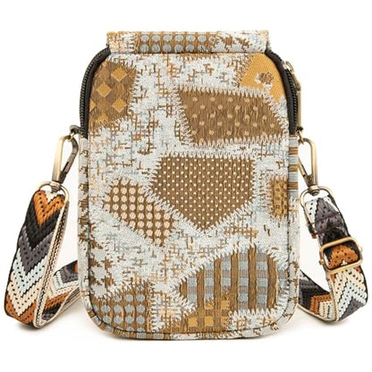 SILKAREA Embroidered Cute Mini Crossbody Bag for Women Small Handbags Wristlet Wallet Bag Cell-phone Pouch Coin Purse - color: Spliced Brown