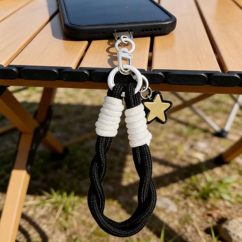 Black White Woven Ropes Phone Wrist Strap Cute Phone Lanyard Wrist With Tether Tab Anti-Lost Short Cellphone Lanyard Aesthetic Star Keychain Cell Phone Wristlet Strap For Case Keys Camera Women Men