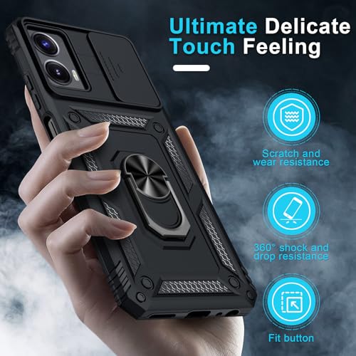 Janmitta Compatible with Moto G Power 5G 2024 Case Built in Slide Camera Lens Cover+Screen Protector+Finger Ring Holder Kickstand,Heavy Duty Shockproof Full Body Protective Phone Cover,Black - color: Black, size: Moto G Power 5G(2024)