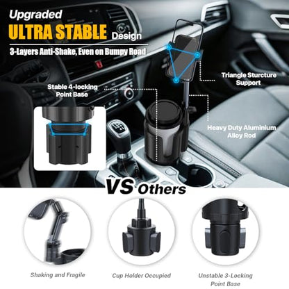 2-in-1 Cup Holder Phone Mount for Car - Upgraded Anti Shake