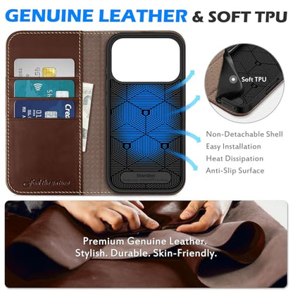 SHIELDON Genunine Leather Case Wallet for iPhone 17 Pro 6.3", Retro Coffee | Flip Magnetic Cover, Kickstand, RFID Blocking, 3 Credit Card Holder, Book Design, Shockproof, Soft Inner Phone Case - color: Retro Coffee