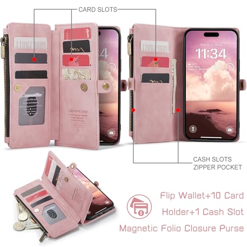 Defencase for iPhone 17 Pro Max Wallet Case with RFID Card Holder, Pink | Durable Soft PU Leather, with Zipper Pocket, Wrist Strap, Fashion Snap Flip Phone Cases Cover with Stand for Women and Men - color: Rose Pink