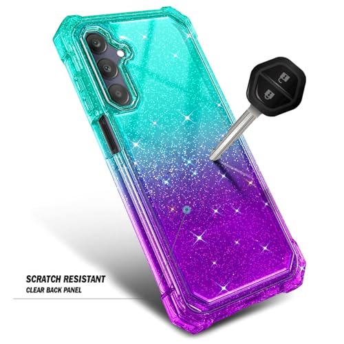Compatible with Samsung Galaxy A15-5G Phone Case Glitter Aqua/Purple | Full-Body Protective Shockproof Bumper Cover with Tempered Glass Screen Protector, 12FT Military Grade Drop Tested - color: Glitter Aqua/Purple, size: Samsung Galaxy A15-5G
