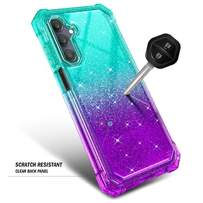 Compatible with Samsung Galaxy A15-5G Phone Case Glitter Aqua/Purple | Full-Body Protective Shockproof Bumper Cover with Tempered Glass Screen Protector, 12FT Military Grade Drop Tested - color: Glitter Aqua/Purple, size: Samsung Galaxy A15-5G