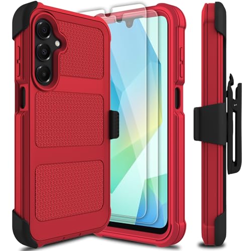 for Samsung Galaxy A16 5G Case with 2 Pack Tempered Glass Screen Protector, [Holster Series] Belt Clip Hard Tough Heavy Duty Rugged Shockproof Protective Cell Phone Case (Red) - color: Red