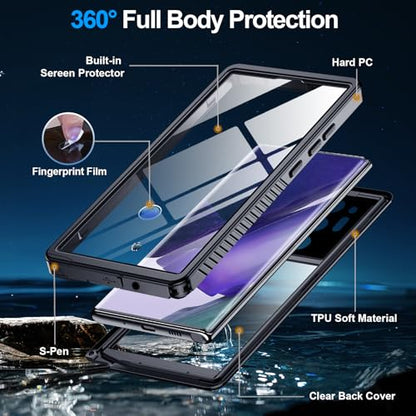 xiwxi for Samsung Galaxy Note 20 Ultra Case Waterproof,[IPX8 Underwater Case][Full Body Shockproof & Military Dropproof] Built-in Screen Protector for Samsung Note 20 Ultra 6.9 inch-Black - size: For Samsung Note 20 Ultra-6.9"