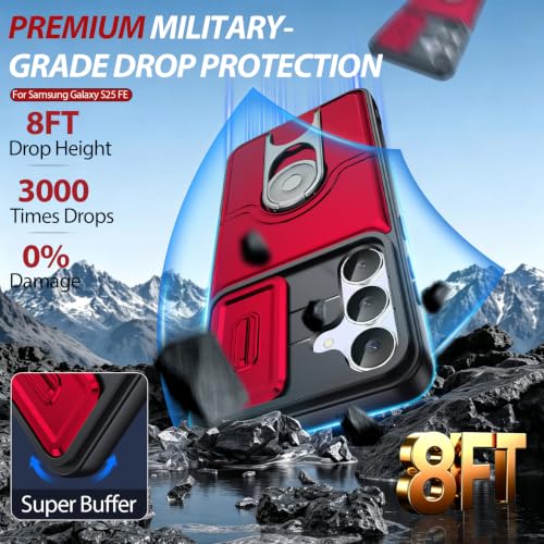 Dizn for Samsung Galaxy S25 FE Case:[Not Fit Samsung S25+] with Slide Camera Cover,360°Ring Stand,Lanyard,[2 Pcs] Explosion-Proof Film,Military-Grade Shockproof Protective,for Samsung S25 FE,Red - color: Red