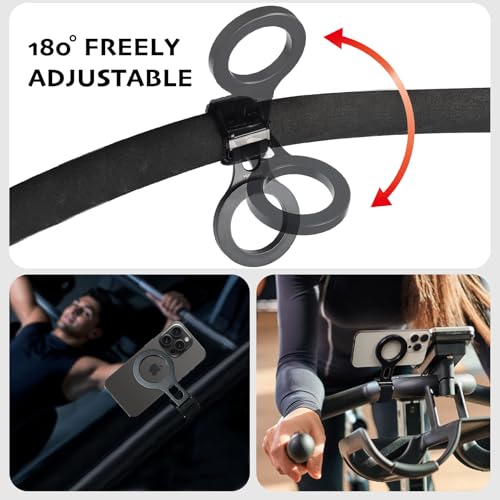 Magnetic Phone Holder for Stroller Bar, Gym Fitness Phone Mount for MagSafe, (Strong Magnet) - 180° Adjustable for Gym, Peloton Exercise Bikes, with Adjustable Strap (Magnetic Ring Included)