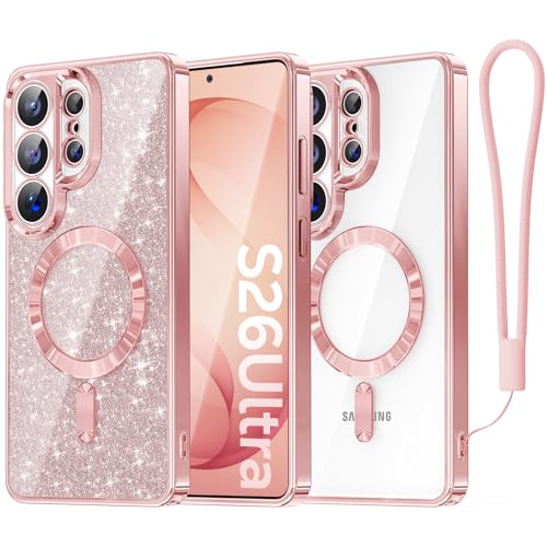 Meifigno Magnetic Case Designed for Samsung Galaxy S26 Ultra 6.9", [Compatible with MagSafe] [Removable Glitter Card & Wrist Strap], Surround Lens Protection Case for Galaxy S26 Ultra, Rose Gold - color: Rose Gold, size: S26 Ultra Case (2026)