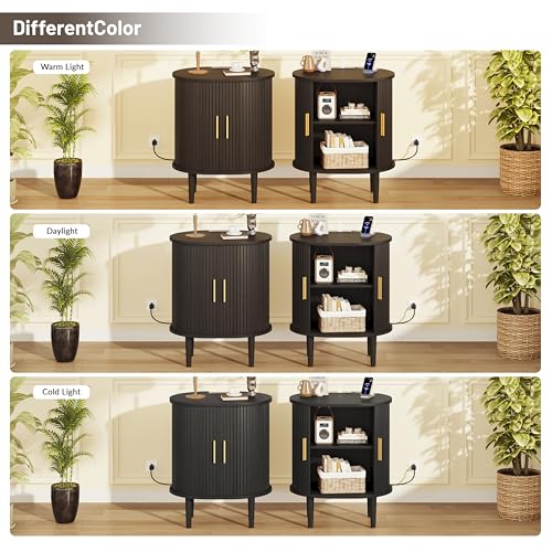 DHH Mid Century Modern Nightstand with Charging Station, Fluted Accent Side Table with Sliding Door & Adjustable Shelf, End Table for Small Space, Living Room, Bedroom,Sofa Couch (1, Black) - color: Black