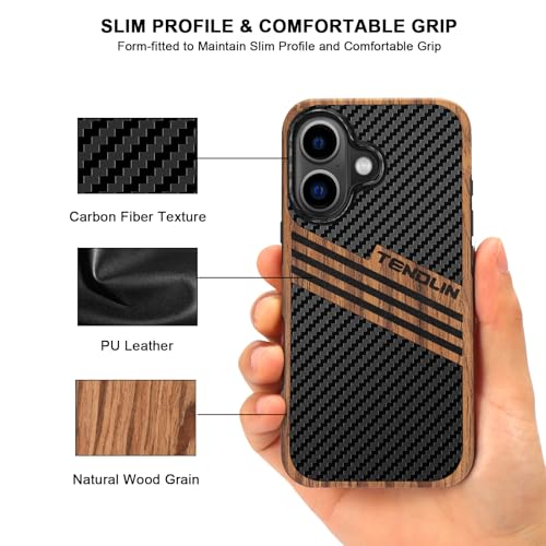 TENDLIN Compatible with iPhone 16 Phone Case Wood Grain with Carbon Fiber Texture Design Leather Hybrid Slim Case (Three Stripe) - color: Three Stripe, size: iPhone 16