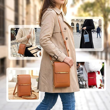 Women's Touch Screen Mobile Phone Messenger Bag, Waterproof Leather Touch Screen Crossbody Phone Purse - color: Brown