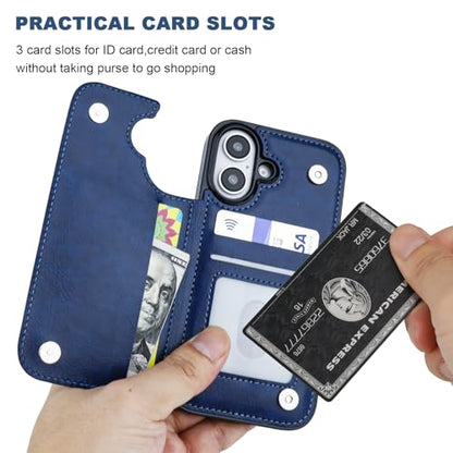 ONETOP for iPhone 16 Wallet Case with Credit Card Holder,Blue | Kickstand,ID/Cash Holder,Case Wallet with Card Slots,Double Magnetic Clasp,Durable PU Leather Shockproof Cover for Women Men - color: Blue