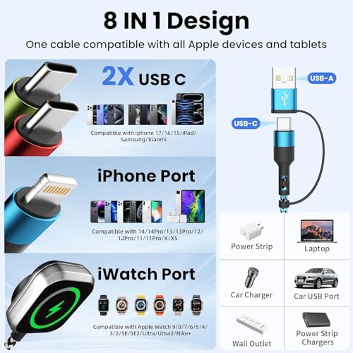 Travel Essentials 4 in 2 Multi Charging Cable for iWatch Charger, 1Pcs 5FT - color: Black&Blue