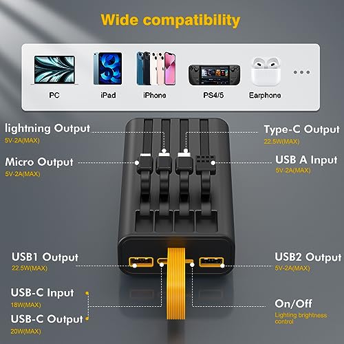 Portable Charger 10000mAh,22.5W Fast Charging Power Bank with Built in Cables,Transparent External Battery Pack with Flashlight,USB C in&out Portable Phone Charger for iPhone Samsung Android Cellphone - color: Transparent+Black