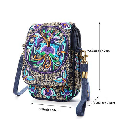 SILKAREA Embroidered Cute Mini Crossbody Bag for Women Small Handbags Wristlet Wallet Bag Cell-phone Pouch Coin Purse - color: Blue + Flower-small
