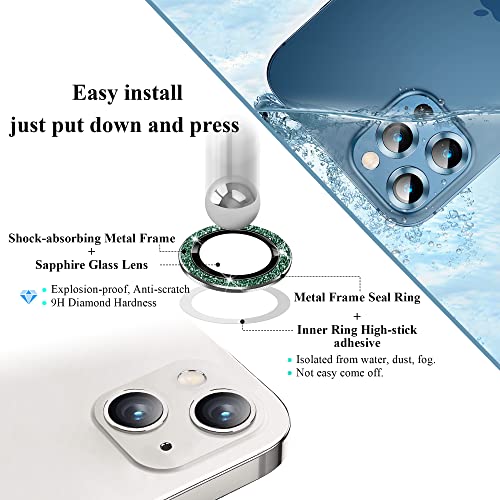 Bling Camera Lens Protector Compatible for iPhone 13/13 mini Ultra Thin/Clear Tempered Glass [Anti-Scratch][Shatter/Water/Fog-Proof] Metal Cover Protection - Green Diamond(Set of 2) - color: GreenDiamond