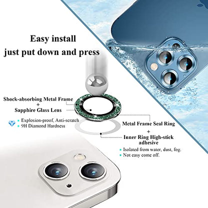 Bling Camera Lens Protector Compatible for iPhone 13/13 mini Ultra Thin/Clear Tempered Glass [Anti-Scratch][Shatter/Water/Fog-Proof] Metal Cover Protection - Green Diamond(Set of 2) - color: GreenDiamond