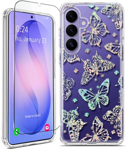 Clear Glitter for Samsung Galaxy S26 Plus Case 6.7 inch, Shockproof Flower Slim Cute Butterfly Bling Women Hard Back Soft TPU Bumper Protective Cover for Samsung S26 Plus Screen Protector - color: Clear with Bling Butterfly, size: 6.7 inch (for S26 Plus)
