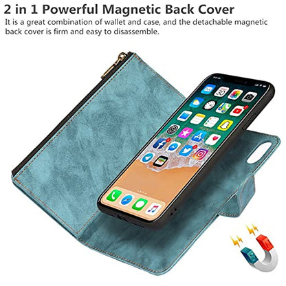 iCoverCase for iPhone X/XS Wallet Case with Card Holder and Wrist Strap, PU Leather Kickstand Card Slots Zipper Pocket Magnetic [Detachable] Flip Cover Case 5.8 Inch (Blue) - color: Blue