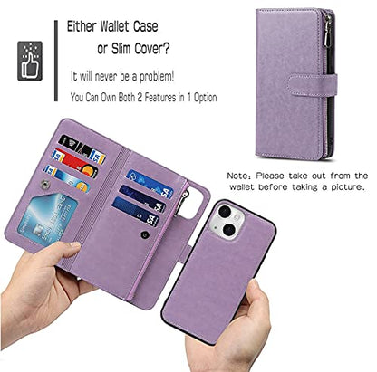 iCoverCase Compatible with iPhone 13 Wallet Phone Case with Card Holder, PU Leather Zipper Pocket Magnetic Detachable Flip Case with Wrist Strap (Purple) - color: Detachable--Purple