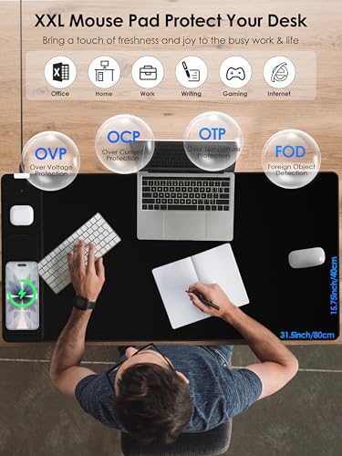 Wireless Charging Mouse Pad with Foldable Phone Holder, 15W Magnetic Fast Charging for iPhone Samsung, 31.5"x15.75" Large Desk Mat for Laptop/Keyboard, Waterproof Gaming Mousepad with Non-Slip Base - color: 31.5x15.75"phone Stand Magnetic No Rgb-black