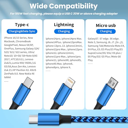 100W USB C Multi Charging Cable 3 in 1 Fast USB C Cable with E-Mark Chip - color: Blue&Black, size: 4FT 1Pack