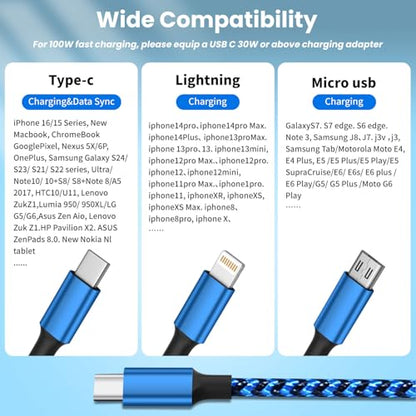 100W USB C Multi Charging Cable 3 in 1 Fast USB C Cable with E-Mark Chip - color: Blue&Black, size: 4FT 1Pack