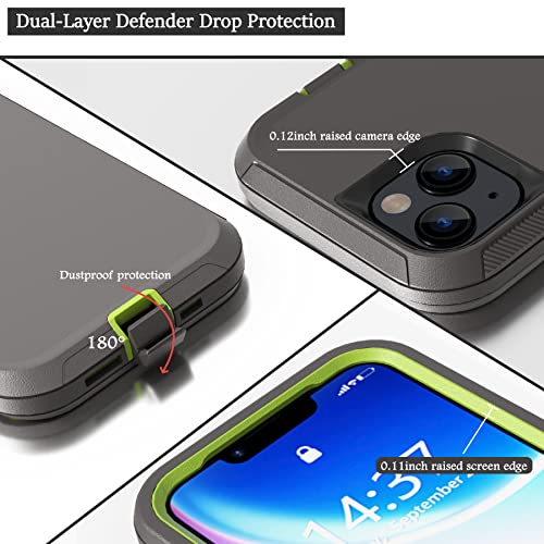 Rugged Phone Case for Apple iPhone 14, with Belt Clip Holster & Kickstand Heavy Duty Shockproof Protective Full Body Case Cover for iPhone 14 6.1 inch Phone (Dark Grey+Green) - color: Dark Grey+Green